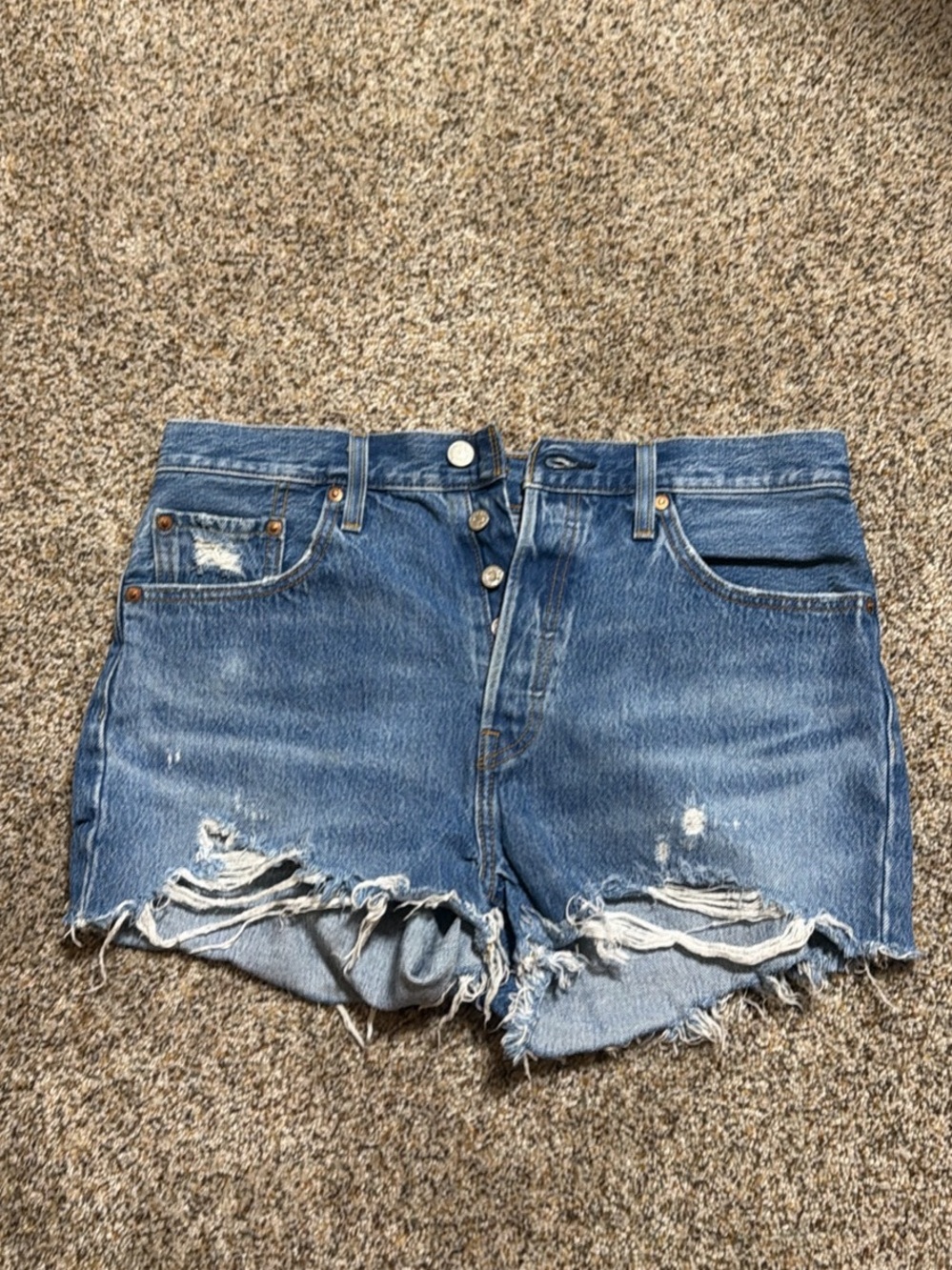 Levi's Blue Distressed Button-Fly Denim Shorts